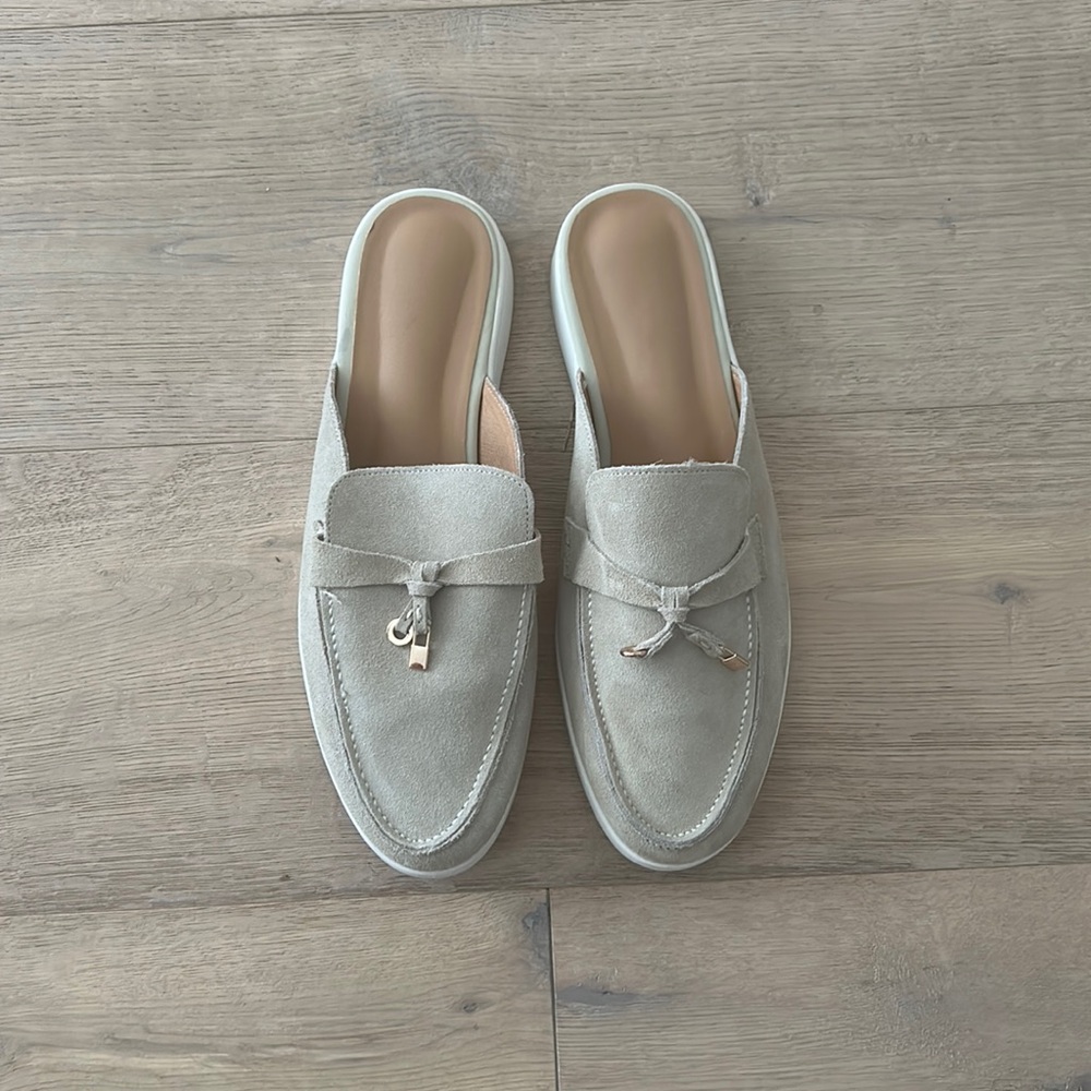 Beige suede slip on mules